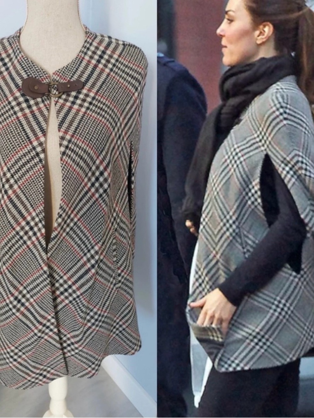 Zara Plaid Cape Coat in Brown, White & Red with Brown Buckle